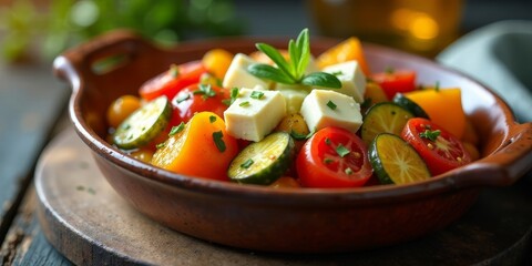 A vibrant summer salad with heirloom tomatoes, cucumber, and creamy cheese cubes, served in a rustic bowl on a wooden surface