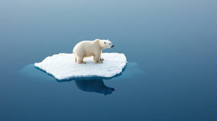 A lone polar bear stranded on a shrinking ice floe, surrounded by melting ice and deep blue water, conveying the impact of global warming on Arctic wildlife and habitats.