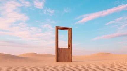 Wooden door in desert landscape. Opportunity, new beginnings, hope concept.