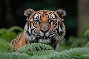 Fototapeta premium tiger crouched in stalking position among green ferns ready to pounce