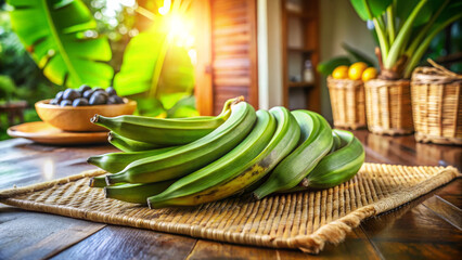 Unripe plantains curve on a palm-frond mat. Sunlight deepens their green angular ridges. Caribbean kitchen blur.  