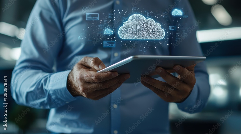 Poster a man is holding a tablet with a cloud on it