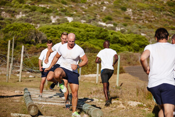 Men, exercise and running in bootcamp for fitness, training or army challenge with balance....