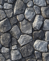 Obraz premium Tileable cobblestone road texture with irregularly shaped rocks in varying shades of gray. The realistic stone pattern creates a rugged and durable surface for design projects and 3D environments. 