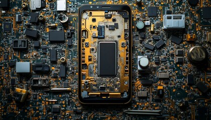 Close Up View of Complex Electronic Circuit Board with Gold and Green Components