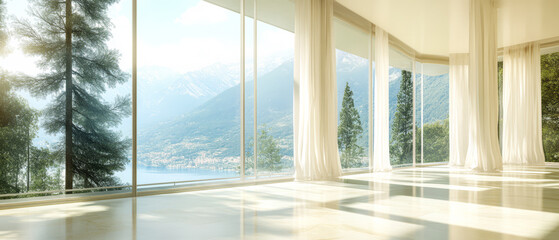 Spacious interior with large windows showcasing a lake and mountain view during daylight