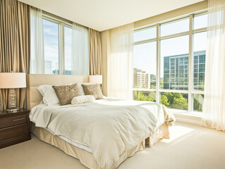Bright and airy bedroom with large windows overlooking a cityscape during daylight
