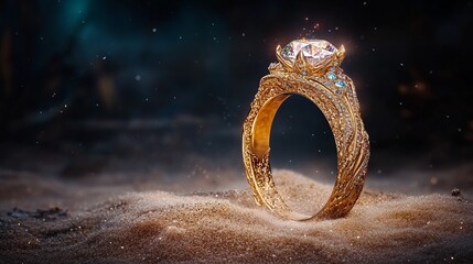 Luxurious Gold Engagement Ring with Radiant Diamond and Intricate Filigree Design in a Dreamy Sandscape &ndash; Elegant Fantasy-Inspired Fine Jewe