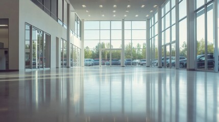 Fototapeta premium Empty dealership with modern minimalist interior and spacious design. Featuring neutral tones and sleek decor