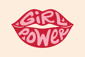 groovy retro lettering Girl power in red lips shape. Retro 60s or 70s feminist slogan for t shirts, posters or cards. women glamour beauty slogan