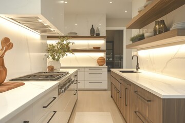 Luxury modern kitchen with white quartz countertops, under-cabinet LED lighting, elegant open shelving, and a stylish neutral color palette