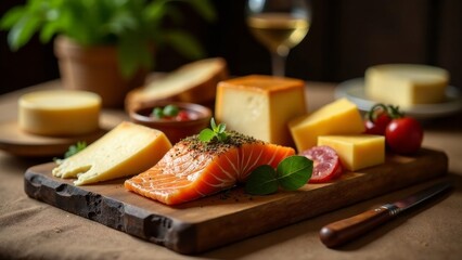 A delectable arrangement of savory salmon fillet, seasoned with herbs, artfully presented alongside a selection of aged cheeses on a rustic wooden board.