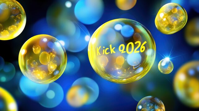 Floating transparent gold bubbles with text "Kick 2026" against a blue bokeh background.