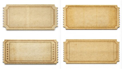 Four tickets with a white background. The tickets are old and have a vintage feel. The tickets are rectangular in shape and have a brown color