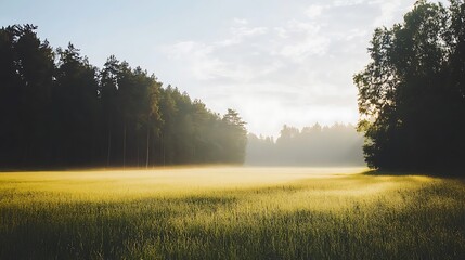 Morning light illuminates a serene forest scene with mist present