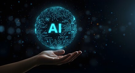 Obraz premium Mano sosteniendo una esfera de IA brillante que simboliza el poder y el potencial de la inteligencia artificial. 