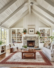 Cozy living room with vaulted ceiling and stone fireplace in a modern home setting
