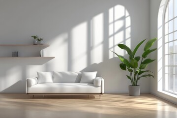 Minimalist 3D-rendered room, white walls, wooden floor, modern sofa, sleek shelf, vibrant green plant, large windows letting in soft natural light, ultra-detailed, photorealistic"
