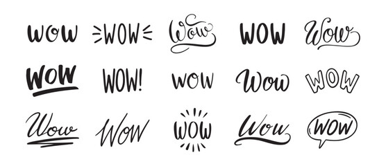 word WOW hand drawn lettering phrase or quote set. wow modern freehand style isolated on white background for print clipart.