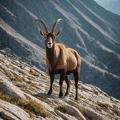 Obraz premium .A summer ibex scaling a dry, sunlit incline, perfectly set against a clear white scene.