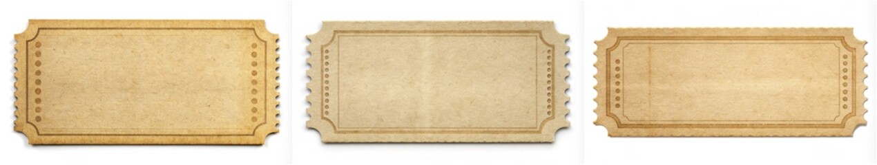 Three tickets are shown in a row, each with a different design. The tickets are all brown and have a vintage feel to them. The idea behind these tickets is to evoke a sense of nostalgia