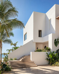 Modern coastal architecture with palm trees and ocean view in bright sunny weather