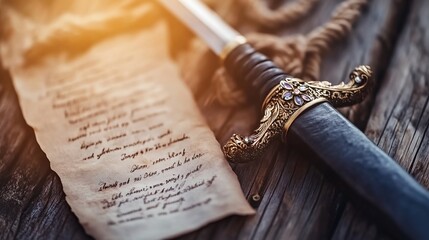 Medieval dagger, parchment scroll, wood. Fantasy setting