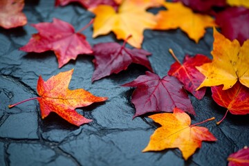 Obraz premium Colorful maple leaves lying on dark slate stone