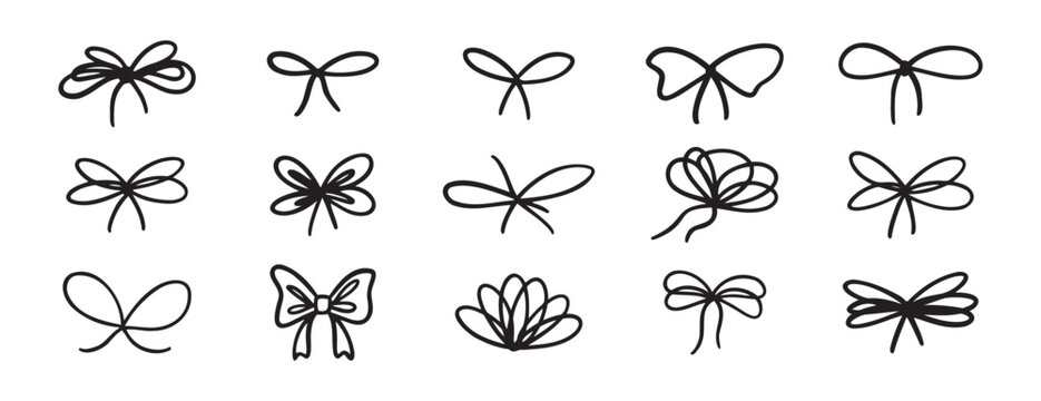 Crayon bow gift ribbons. Bowknot for planner diary, package or letter. Bow line stroke clipart grunge style. Vector chalk bows element set