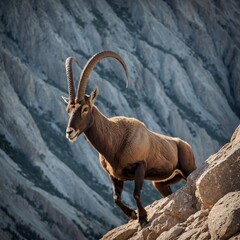 Obraz premium A determined ibex making an impressive jump to a higher ledge, showcased against white.