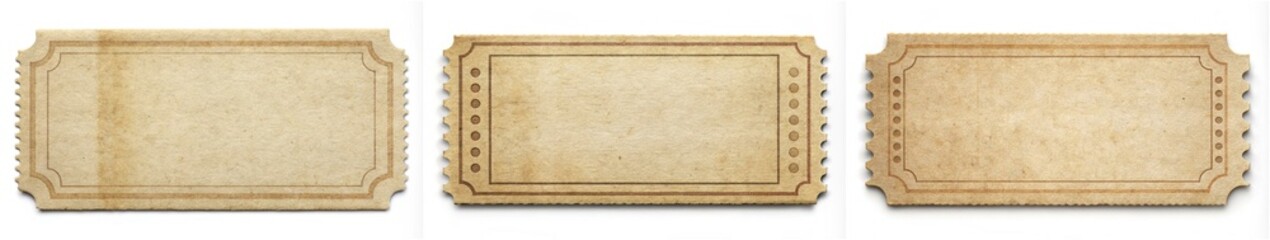 Three tickets are shown in a row, each with a different design. The first ticket has a simple design with a few dots, the second has a more intricate design with a few lines