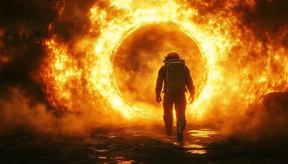 Obraz premium Astronaut approaching fiery portal
