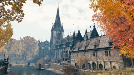 Fototapeta premium Gothic Church Canal Autumnal Landscape Scene
