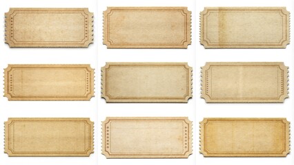 A collection of tickets with a vintage feel. The tickets are all different sizes and shapes, but they all have a similar design. Scene is nostalgic and reminiscent of a bygone era