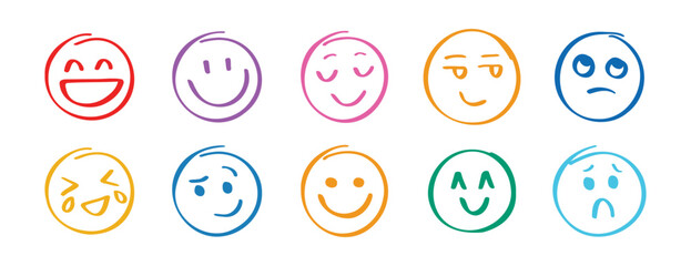 Human emotions smiley doodle hand drawn set. Funny hand drawn faces abstract collection. Cute expression, angry or sad comic communication