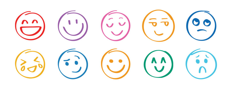 Naklejki Human emotions smiley doodle hand drawn set. Funny hand drawn faces abstract collection. Cute expression, angry or sad comic communication