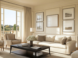 Modern living room with large windows and elegant decor in a sunlit setting