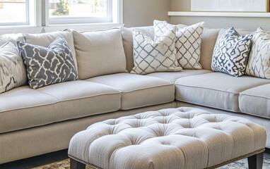 Stylish living room with modern sectional sofa and decorative pillows in neutral tones
