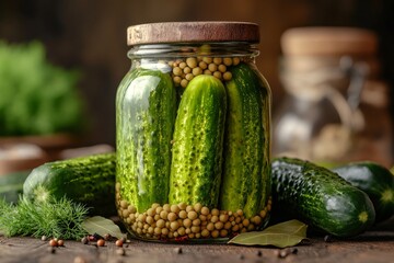 Glass jar full of pickled cucumbers and spices standing on wooden table