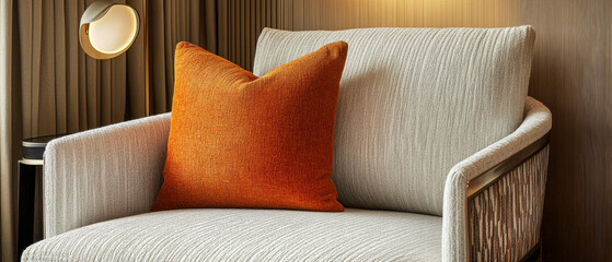 Comfortable modern chair with orange accent pillow in stylish interior setting