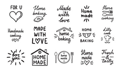 Home cooking, home baking or made with love, old style kitchen lettering, food and cooking set. Home made doodle simple ink or pen outline emblems