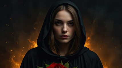 A mysterious figure is portrayed wearing a dark hood and holding a rose set against a striking fiery background that enhances the atmosphere