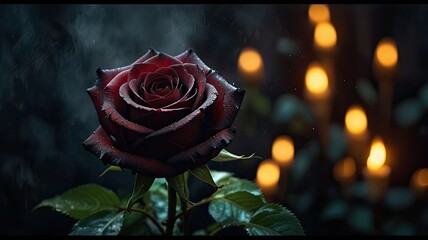 Deep black roses adorned with fragile petals stand gracefully illuminated by warm candlelight that enhances their elegance in a serene setting