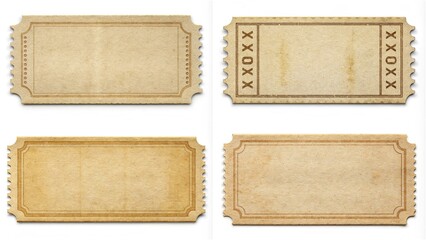 Four tickets with the letter X on them. The tickets are old and worn. The tickets are rectangular in shape