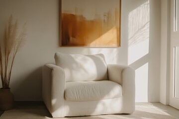Minimalist home setting with a simple white armchair, abstract wall art, and a soft beige carpet