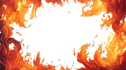 Cartoon flame border with hot, dynamic fire elements, blazing frame design isolated on white background