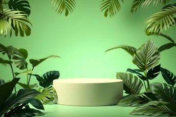 Minimalist podium with tropical monstera leaves, set in a sleek green ambiance