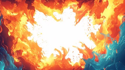 Cartoonish blazing flame border with vibrant fire elements, hot and dynamic, fiery frame isolated on white