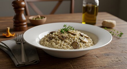 Delicious Mushroom Risotto Served in White Bowl on Wooden Table