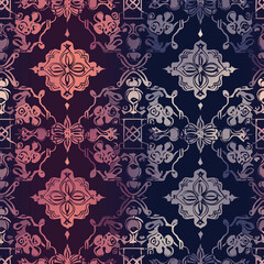 Elegant patterned fabric with intricate designs in contrasting colors on a dark background.